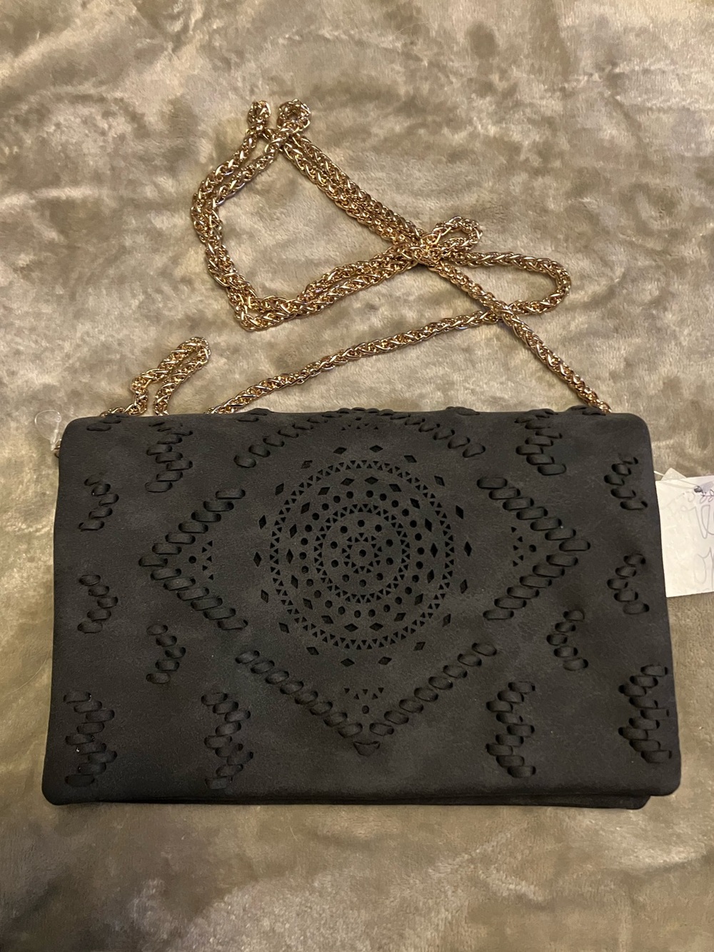 Black Laser-Cut Suede Crossbody Bag with Gold Chain
